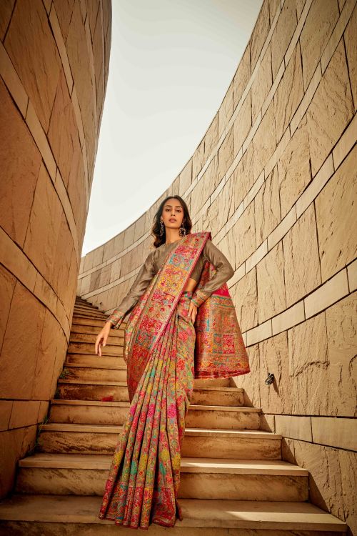 Picture of Pleasing Kashmiri Handloom Weaving Light Brown Saree