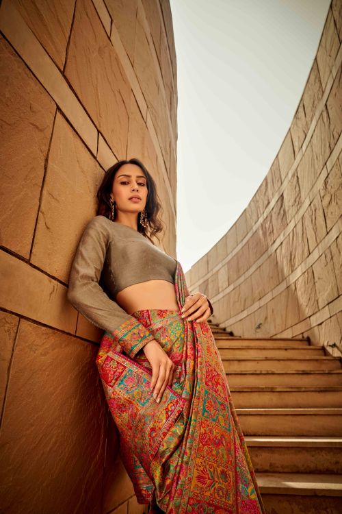 Picture of Pleasing Kashmiri Handloom Weaving Light Brown Saree