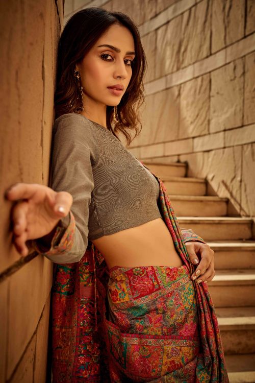 Picture of Pleasing Kashmiri Handloom Weaving Light Brown Saree