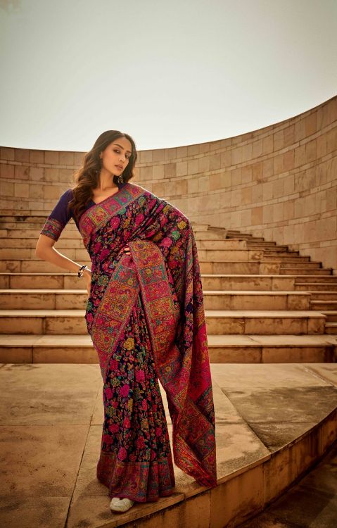Picture of Lovely Kashmiri Handloom Weaving Navy Blue Saree