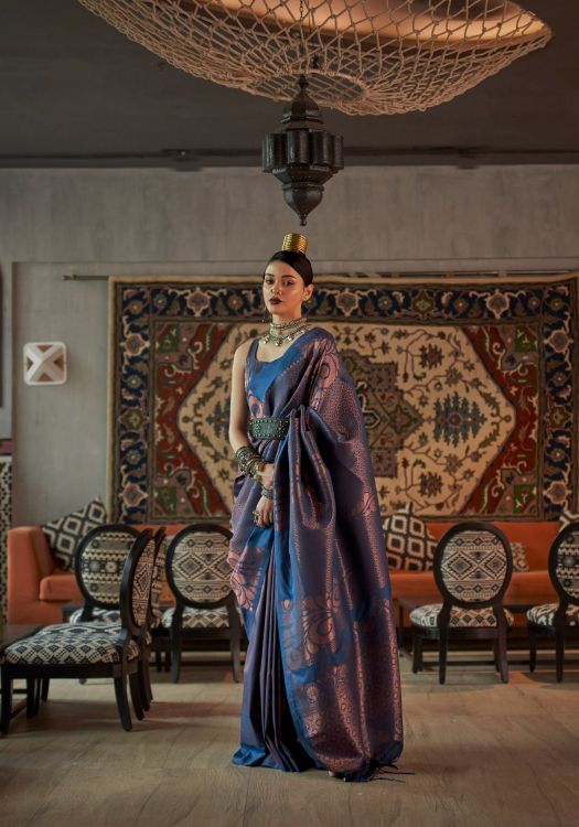 Picture of Good Looking Copper Zari Handloom Weaving Navy Blue Saree