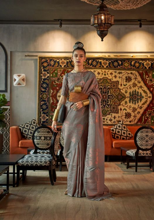 Picture of Stunning Copper Zari Handloom Weaving Grey Saree