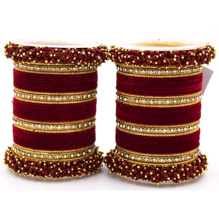 Picture of Nice Velvet Metal Maroon Bangle Set