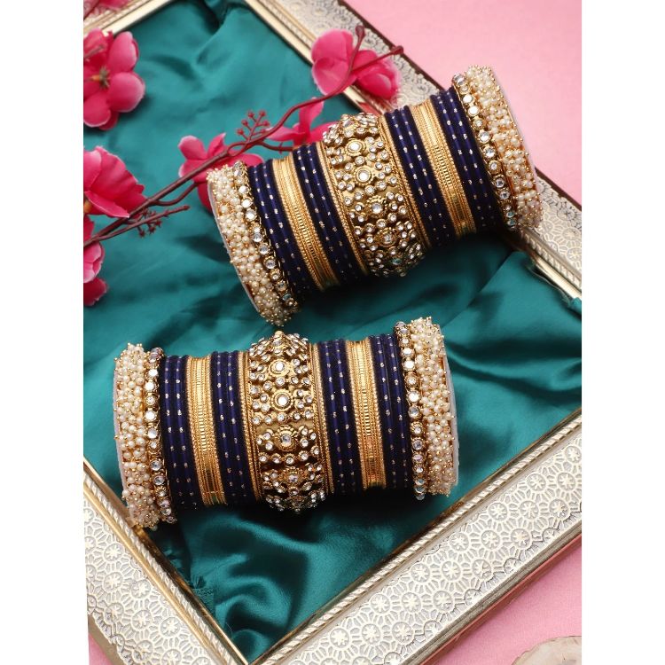 Picture of Fine Velvet Metal Navy Blue Bangle Set
