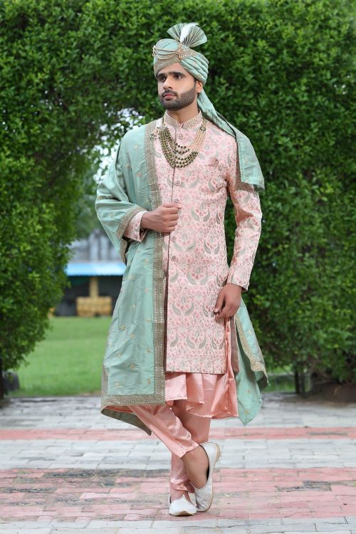 Picture of Pretty Soft Art Silk Peach Puff Wedding Sherwani