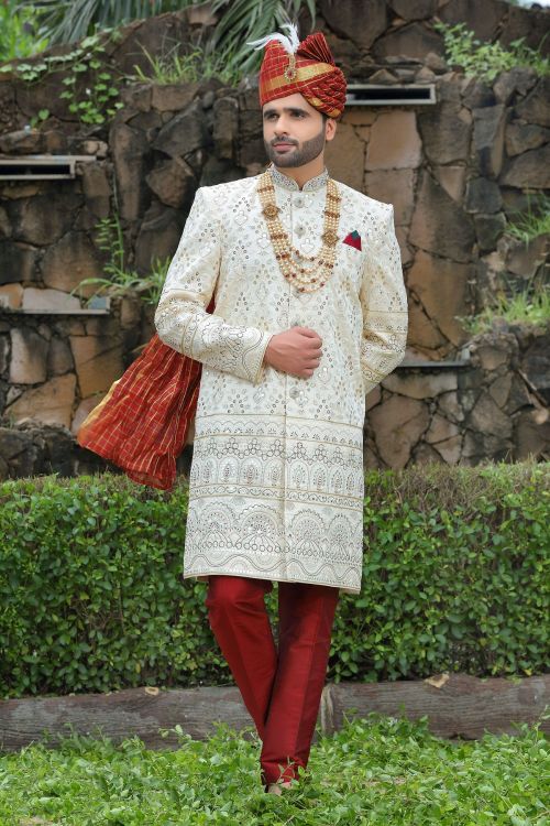 Picture of Lovely Soft Art Silk White Wedding Sherwani