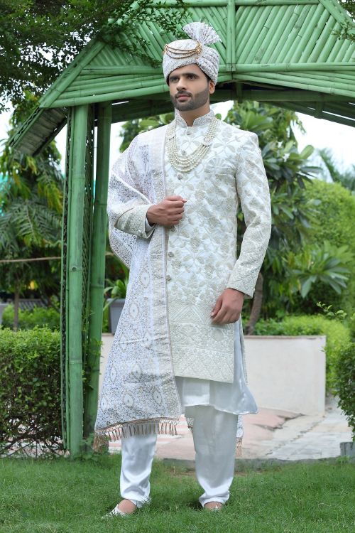 Picture of Comely Soft Art Silk Off White Wedding Sherwani