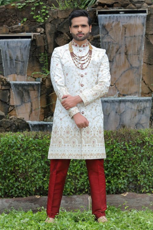 Picture of Sublime Soft Art Silk White Wedding Sherwani