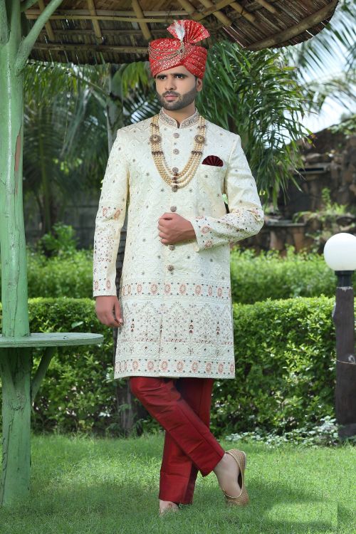 Picture of Delightful Soft Art Silk White Wedding Sherwani