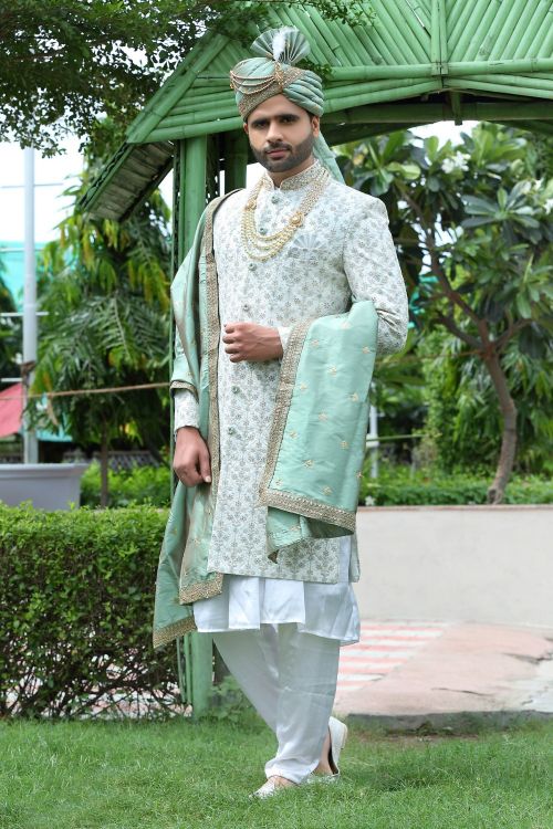 Picture of Superb Soft Art Silk Off White Wedding Sherwani