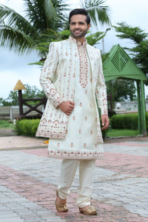 Picture of Grand Soft Art Silk Off White Wedding Sherwani