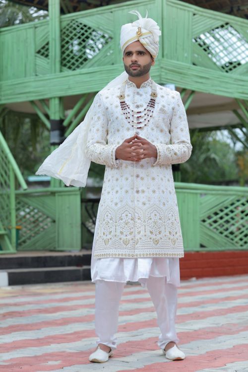 Picture of Alluring Soft Art Silk White Wedding Sherwani