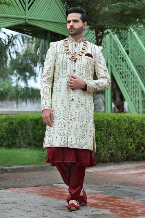 Picture of Ideal Soft Art Silk White Wedding Sherwani