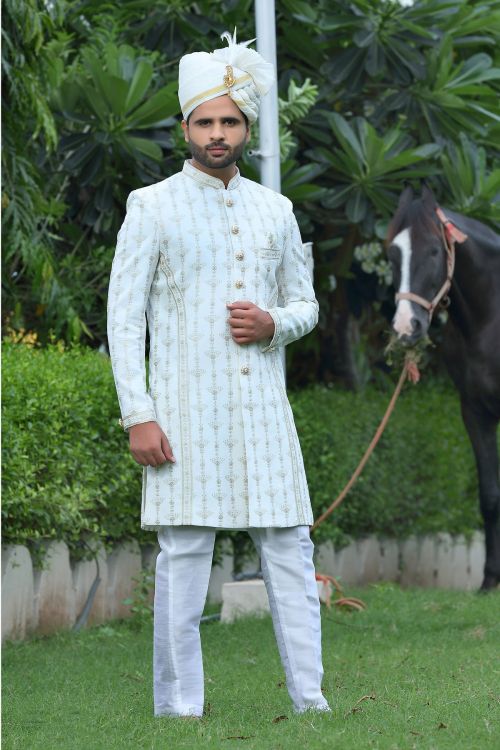 Picture of Exquisite Soft Art Silk White Wedding Sherwani