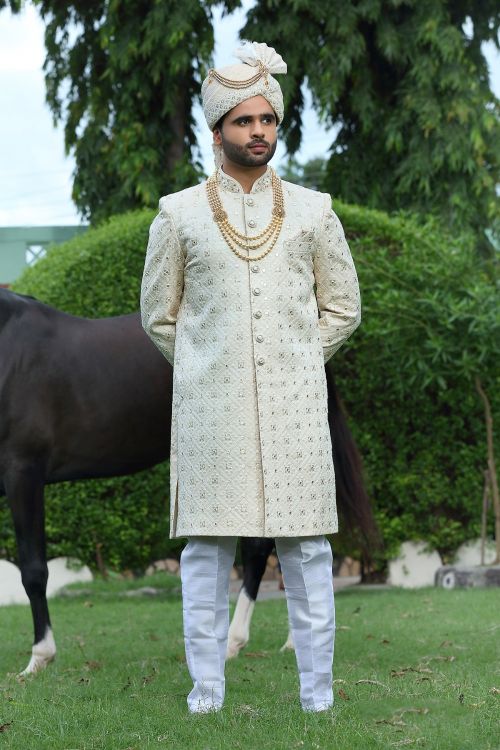 Picture of Excellent Soft Art Silk Off White Wedding Sherwani