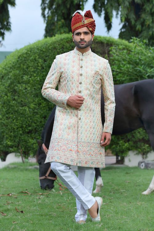 Picture of Nice Soft Art Silk Off White Wedding Sherwani