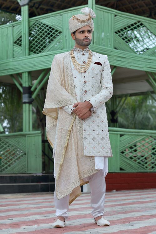 Picture of Well Formed Soft Art Silk Off White Wedding Sherwani