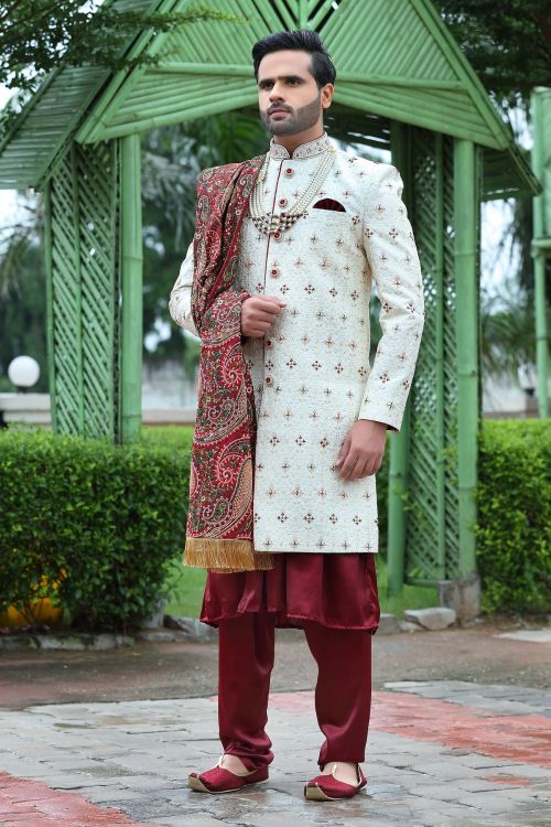 Picture of Enticing Soft Art Silk White Wedding Sherwani