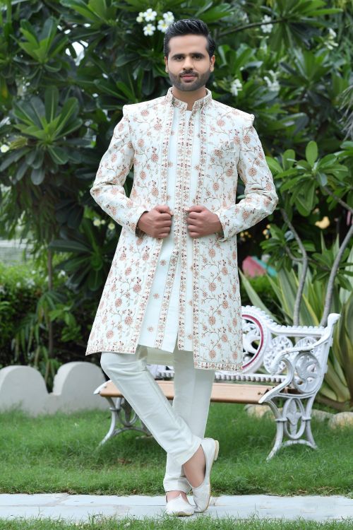 Picture of Taking Soft Art Silk Off White Wedding Sherwani