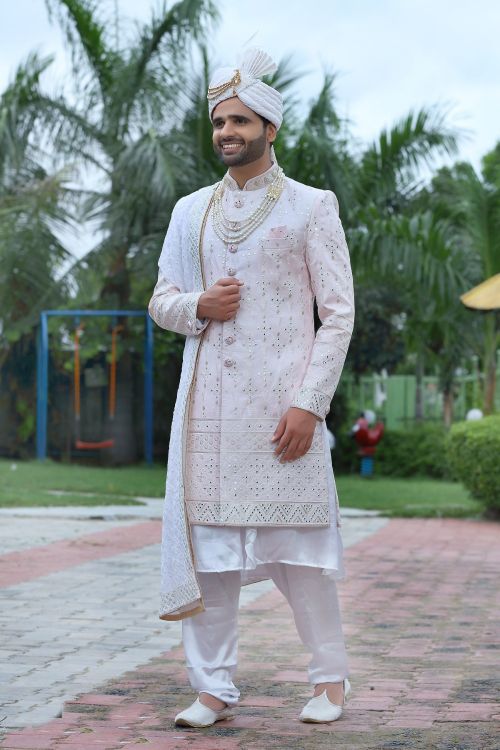 Picture of Beauteous Soft Art Silk Light Pink Wedding Sherwani