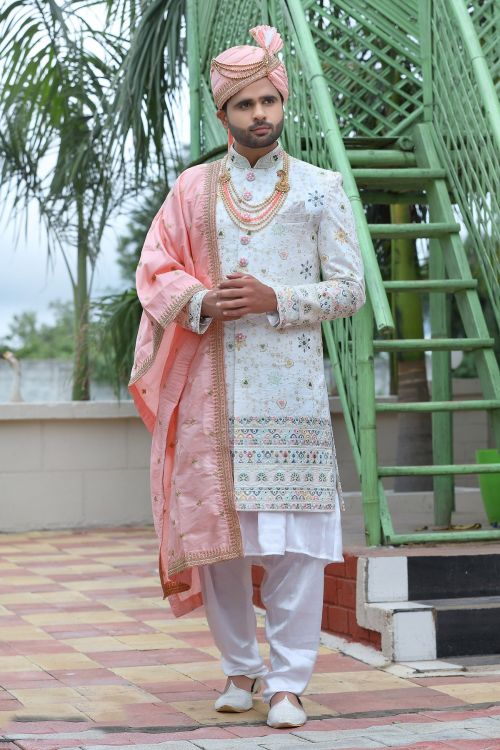 Picture of Elegant Soft Art Silk White Wedding Sherwani