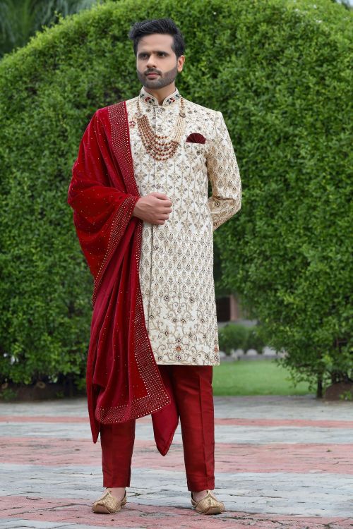 Picture of Pleasing Soft Art Silk White Wedding Sherwani