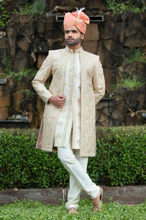 Picture of Pleasing Soft Art Silk Off White Wedding Sherwani