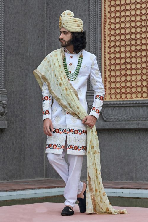 Picture of Exquisite Soft Art Silk White Wedding Sherwani