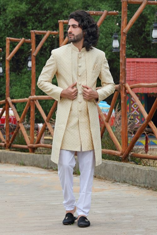 Picture of Statuesque Soft Art Silk Beige Wedding Sherwani