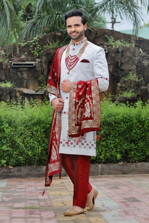 Picture of Enticing Soft Art Silk White Wedding Sherwani