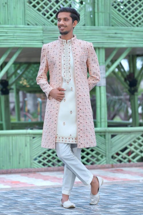 Picture of Amazing Soft Art Silk Light Pink Wedding Sherwani