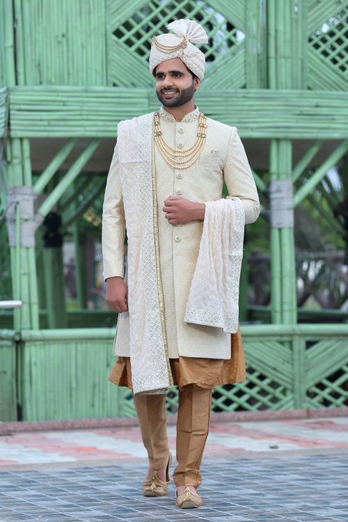 Picture of Elegant Soft Art Silk Beige Wedding Sherwani