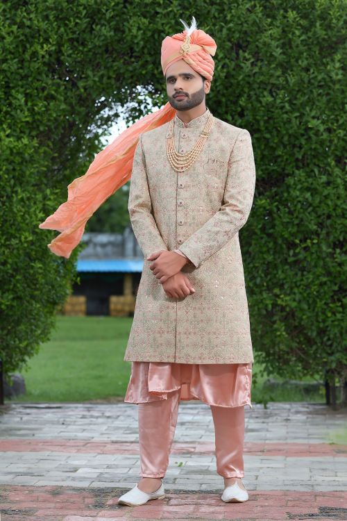 Picture of Taking Soft Art Silk Peach Puff Wedding Sherwani