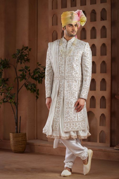 Picture of Lovely Art Silk White Wedding Sherwani