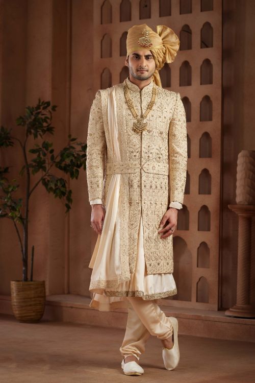 Picture of Elegant Art Silk Beige Wedding Sherwani