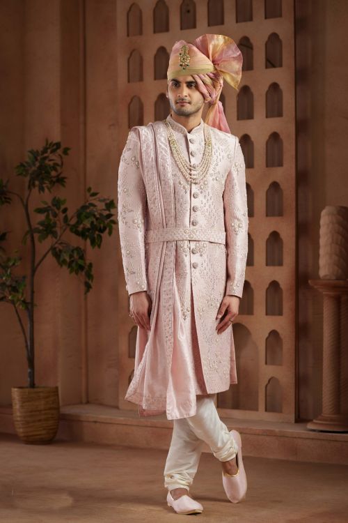 Picture of Ideal Art Silk Pink Wedding Sherwani