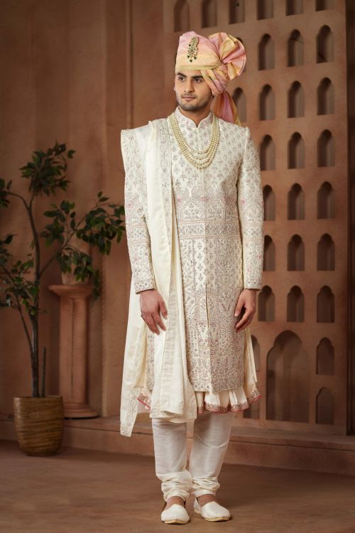 Picture of Excellent Art Silk Cream Wedding Sherwani