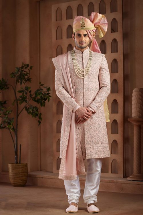 Picture of Radiant Art Silk Pink Wedding Sherwani