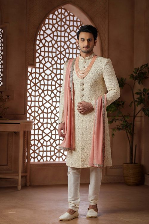 Picture of Statuesque Art Silk Cream Wedding Sherwani