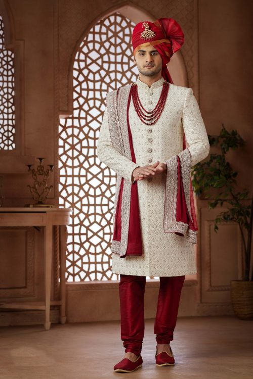Picture of Fascinating Art Silk Cream Wedding Sherwani