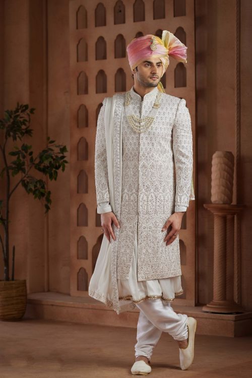 Picture of Amazing Art Silk White Wedding Sherwani