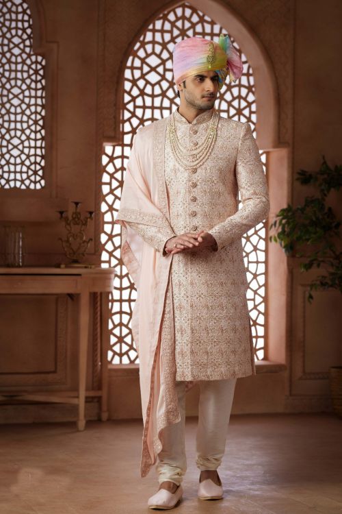 Picture of Graceful Art Silk Pink Wedding Sherwani