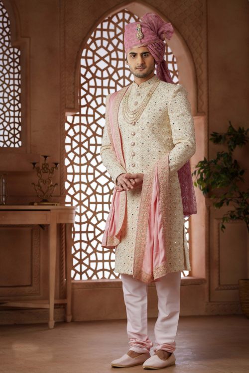 Picture of Grand Art Silk Cream Wedding Sherwani