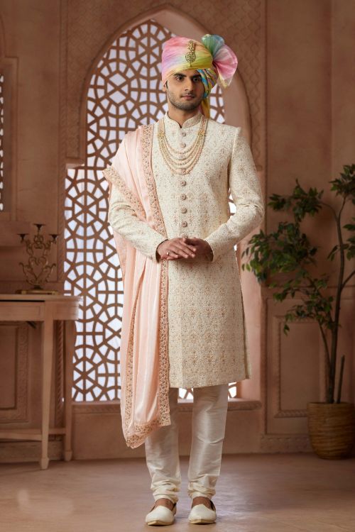 Picture of Pleasing Art Silk Cream Wedding Sherwani