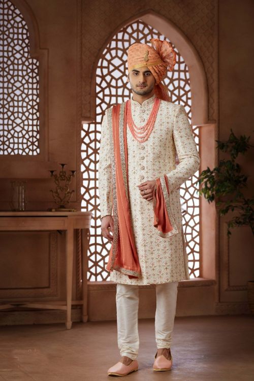 Picture of Shapely Art Silk Cream Wedding Sherwani
