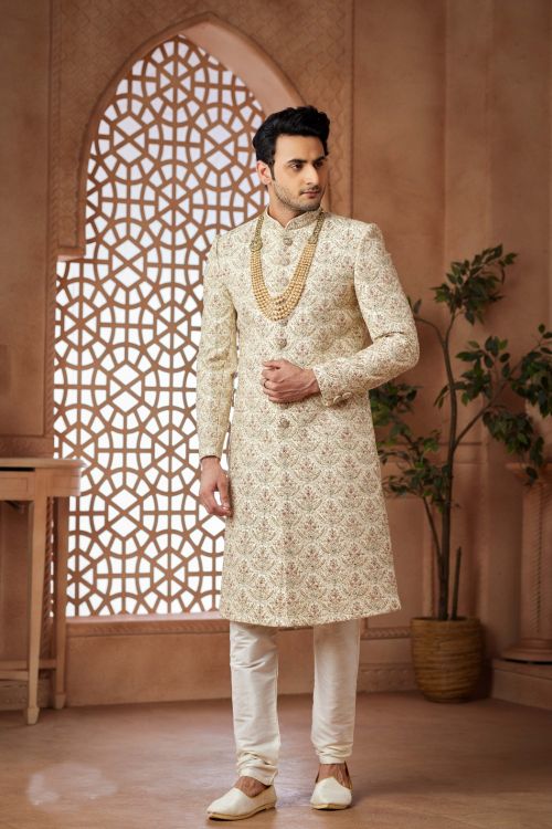 Picture of Delightful Art Silk Cream Wedding Sherwani