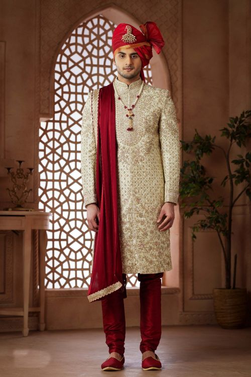 Picture of Pleasing Art Silk Cream Wedding Sherwani