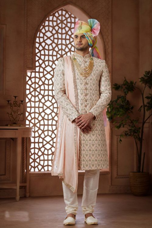 Picture of Enticing Art Silk Light Pink Wedding Sherwani