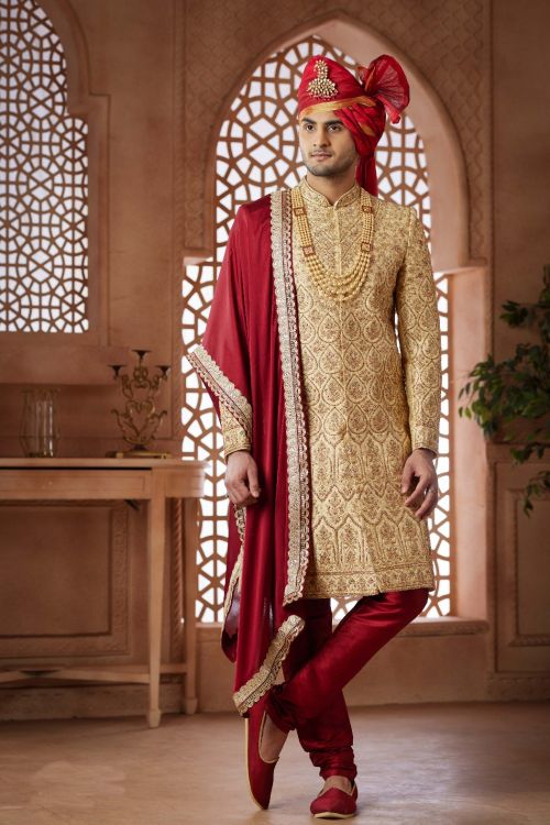 Picture of Splendid Art Silk Gold Wedding Sherwani
