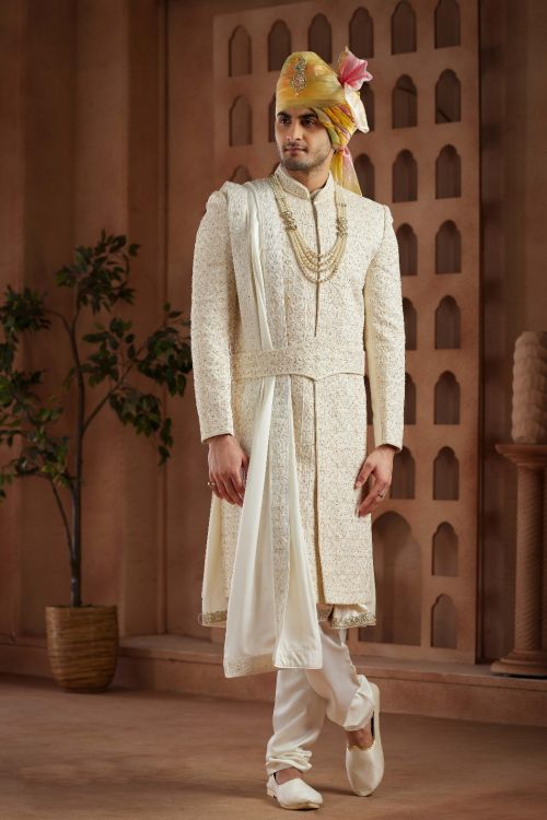 Picture of Ravishing Art Silk Cream Wedding Sherwani